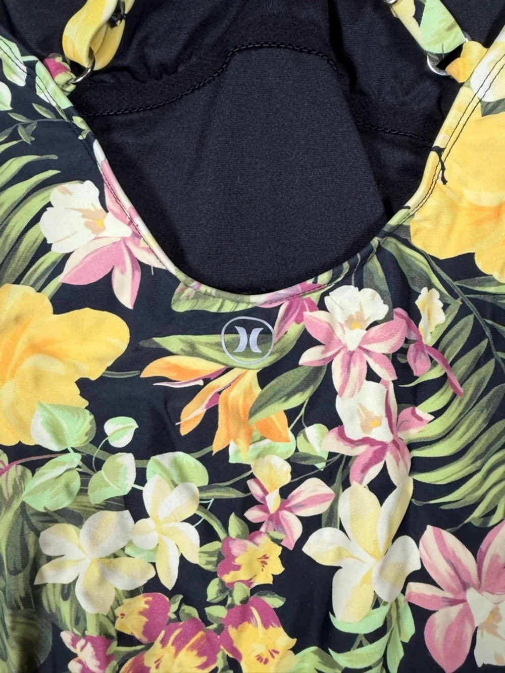 Hurley Black Floral One-Piece Swimsuit with Yellow,‎ Green & Pink